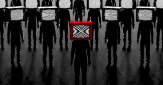 Digital art image of a group of shadowy figures with TVs for heads displaying a hypnotic pattern.